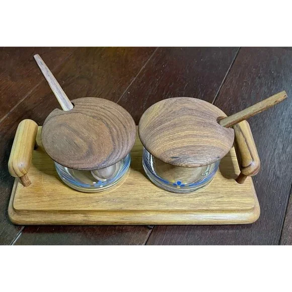 Vintage Teak Wood & Glass Condiment Set With Tray Lids & Spoons by Goodwood - Picture 9 of 10